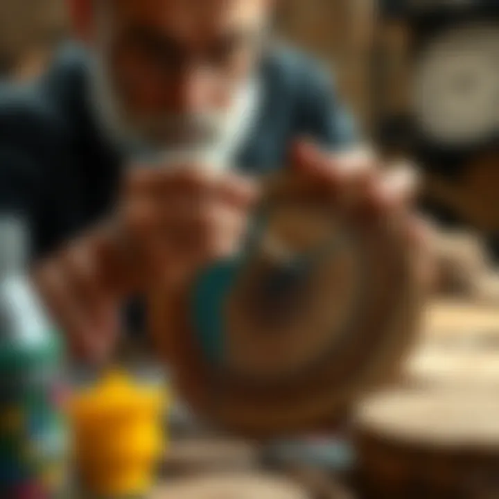 Artistic Expression on Wooden Discs An artist painting on a round wooden disc.