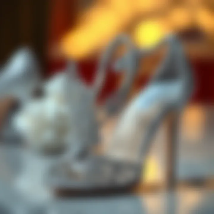 A close-up of sparkling silver high heel shoes showcasing their intricate design