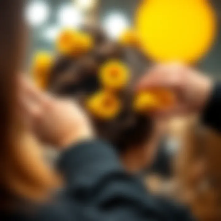 Demonstration of sponge curlers in use on hair