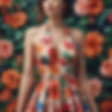 Vibrant Floral Elegance Elegant spring halter dress displayed in a vibrant floral pattern
