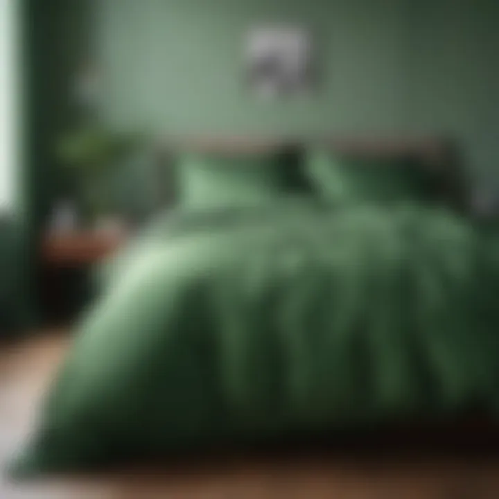 Beautifully styled bedroom featuring a green satin duvet cover