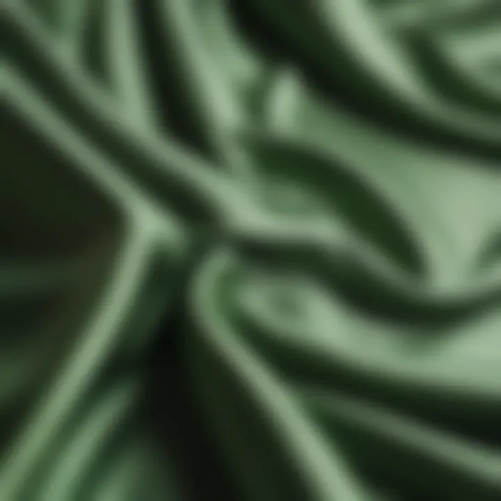 Close-up of luxurious green satin fabric showcasing its texture