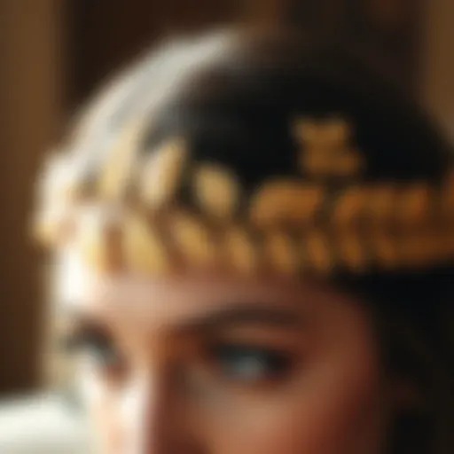 A close-up view of a beautifully crafted gold leaf headband adorned with intricate designs.