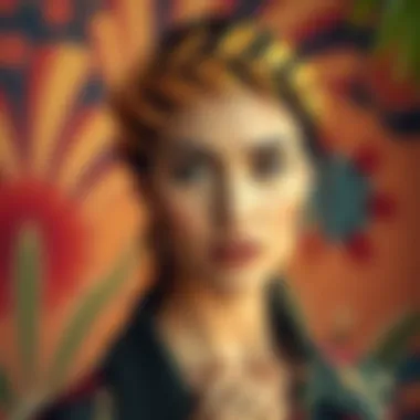 A model showcasing a gold leaf headband in a vibrant fashion setting.