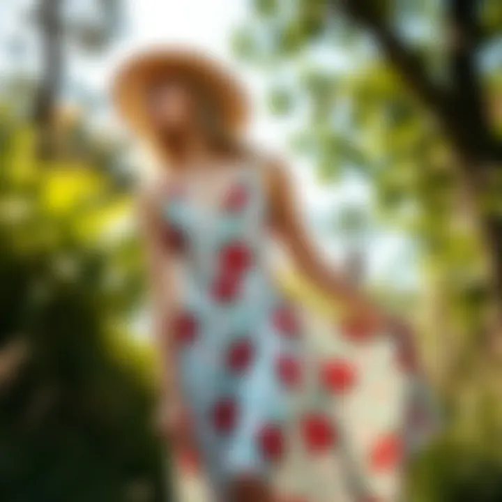 A stylish outdoor scene featuring a woman wearing a sun dress, surrounded by nature.