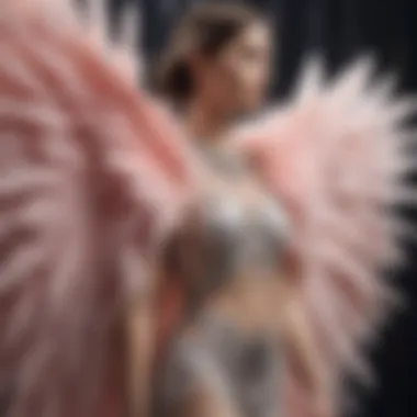 An elegant display of feather wings costumes in a fashion show setting