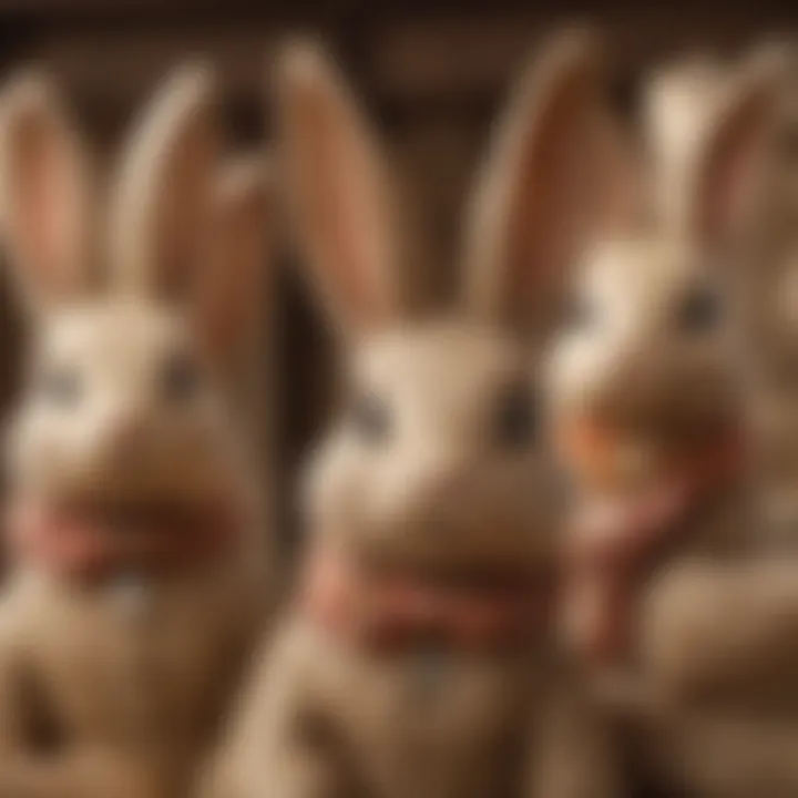 Close-up of handcrafted burlap bunnies showcasing craftsmanship