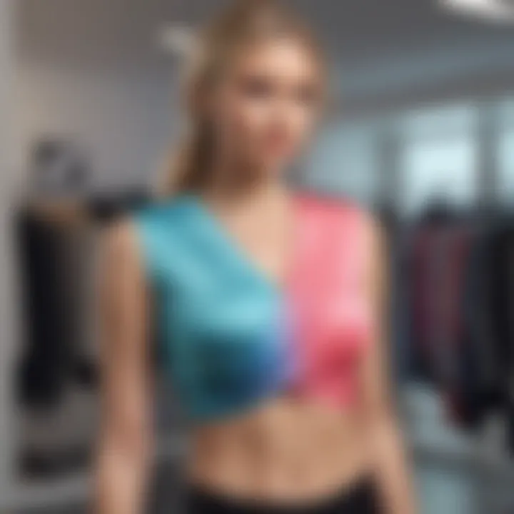 A fashionable twist front active top on display in a boutique, emphasizing its popularity and appeal