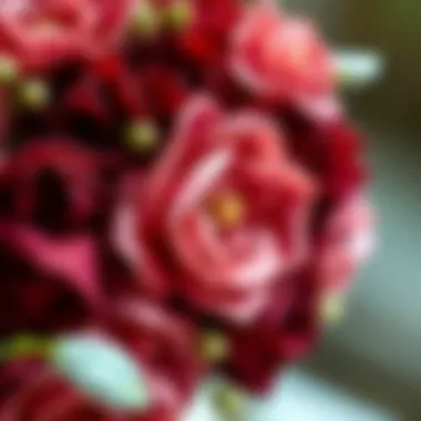 Detailed view of silk flowers in bridal bouquet