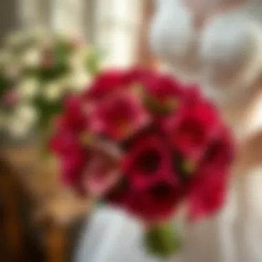 Bridal bouquet with burgundy silk flowers in a wedding setting