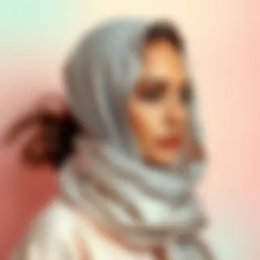 Elegant Styling with Silver Metallic Scarf A model elegantly styled in a silver metallic scarf against a backdrop of soft pastel colors.