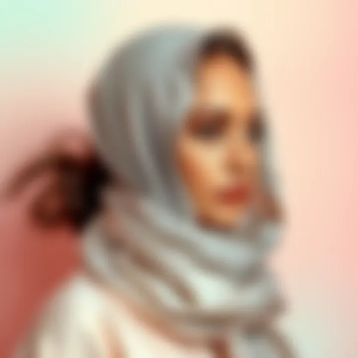 Elegant Styling with Silver Metallic Scarf A model elegantly styled in a silver metallic scarf against a backdrop of soft pastel colors.