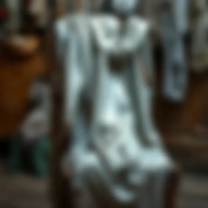 Stylish Display of Silver Metallic Scarves A stylish display of various silver metallic scarves draped elegantly over a vintage chair.