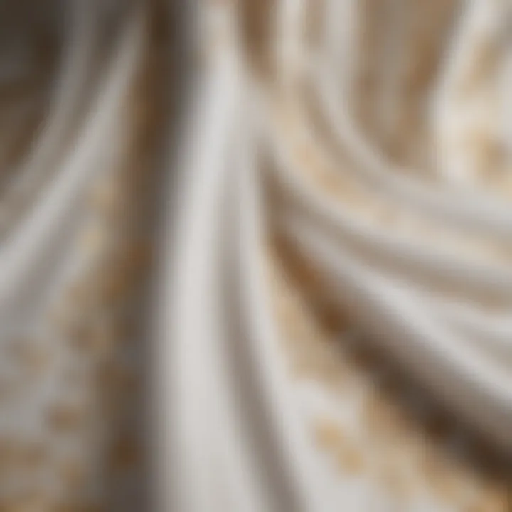 Close-up of luxurious white and gold fabric used in shower curtains