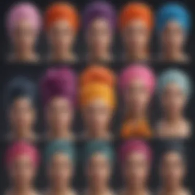 Diverse styles of wet hair turbans in various colors