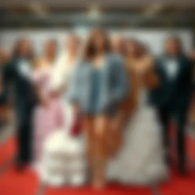 A stylish group of individuals wearing various interpretations of furry prom dresses at a formal event.