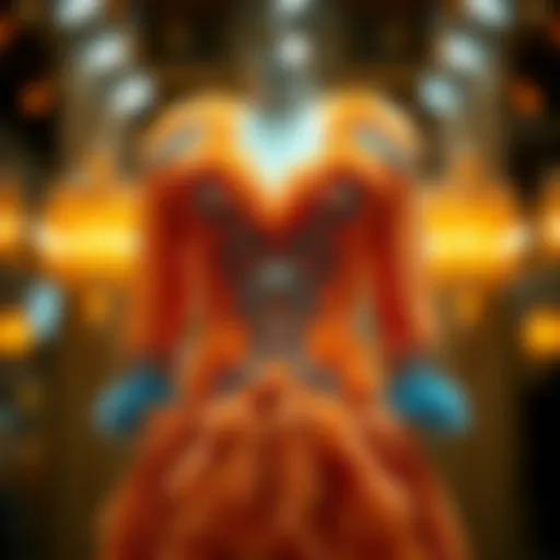 A stunning furry prom dress showcased on a mannequin, highlighting its intricate design and vibrant colors.