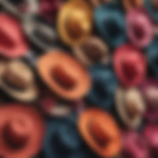 A stylish collection of Emery Rose hats displayed on a vibrant backdrop