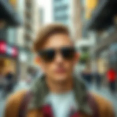 Urban Style with Geometric Aviators Fashionable individual wearing geometric aviator sunglasses in an urban setting