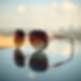 Stylized geometric aviator sunglasses on a reflective surface