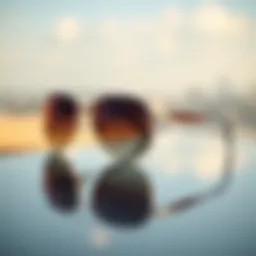 Stylized geometric aviator sunglasses on a reflective surface