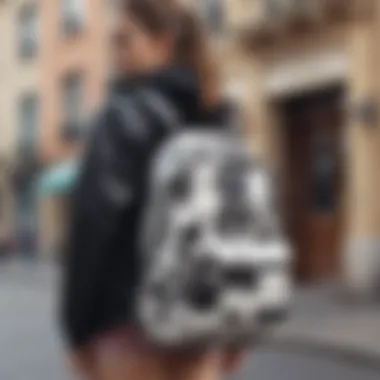 Young individual using the cow print backpack in urban setting