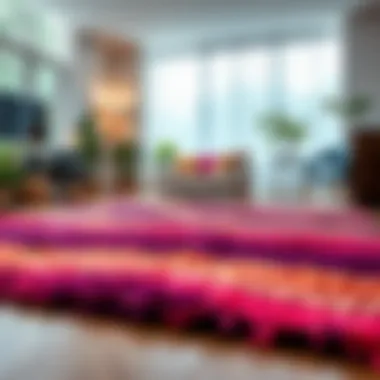 A modern living space featuring a vibrant crawling rug as a focal point.