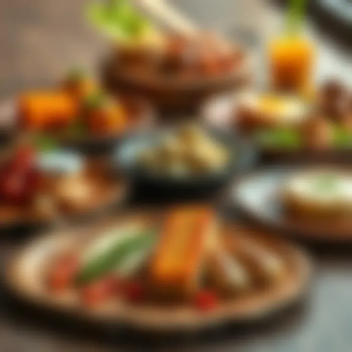 Assorted food items beautifully arranged on wood grain plates