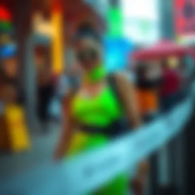 Fashionable individual showcasing a neon green bodysuit at a vibrant outdoor event