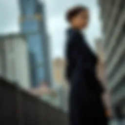 Elegant silhouette of a petite black trench coat styled against an urban backdrop