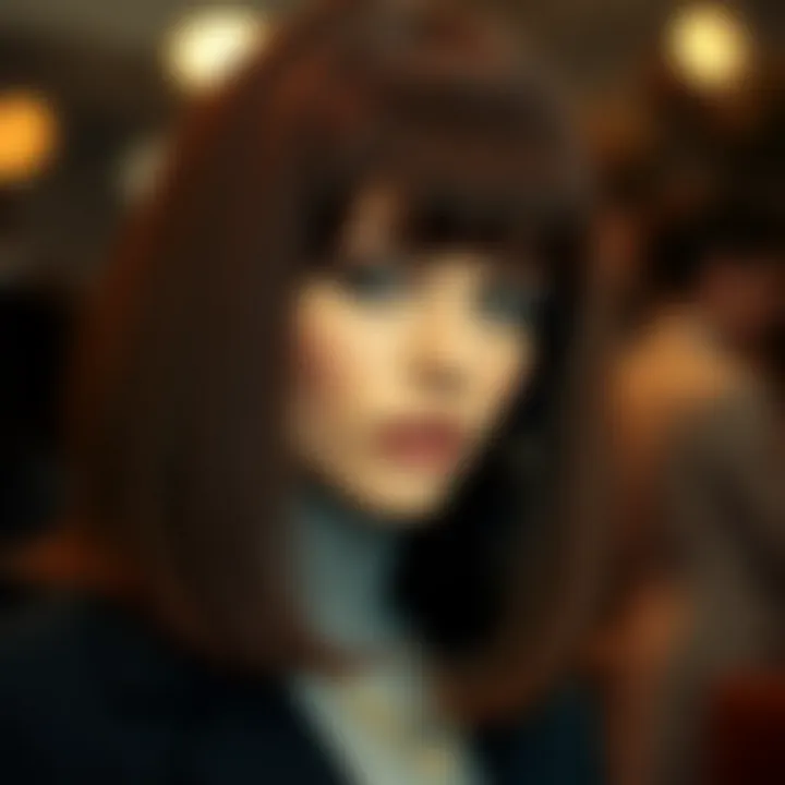 Close-up of a brown bob wig's texture and bangs