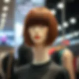 Stylish Brown Bob Wig Fashionable brown bob wig with bangs displayed on a mannequin