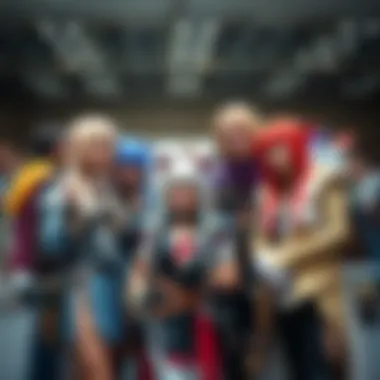 A joyful group of cosplayers posing in character at a convention, embodying the community spirit