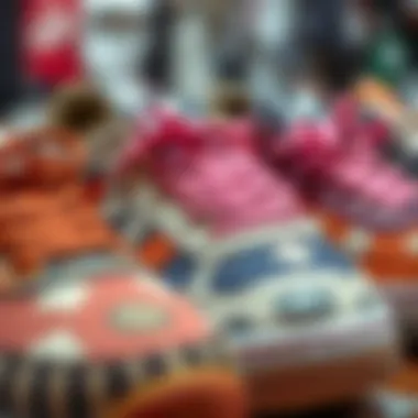 A close-up of intricate sneaker designs showcasing unique patterns and materials