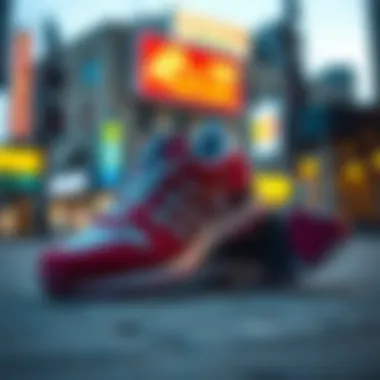 A stylish pair of Korean fashion sneakers on a vibrant urban backdrop
