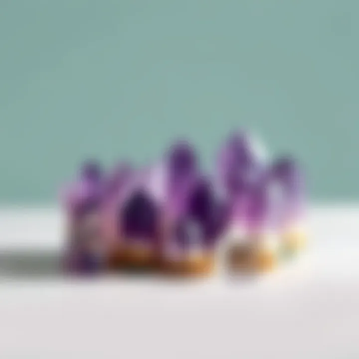 Amethyst crystals arranged artistically with a calming background