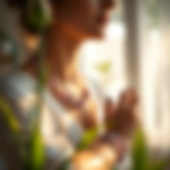 A serene environment showcasing a person meditating with amethyst jewelry