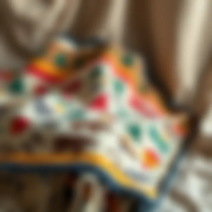 Unique Outdoor Motifs on a Blanket A close-up of a camping themed throw blanket featuring unique outdoor motifs against a soft fabric background