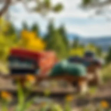 Colorful Camping Blankets in Nature An array of colorful camping themed throw blankets displayed on a picnic table surrounded by nature