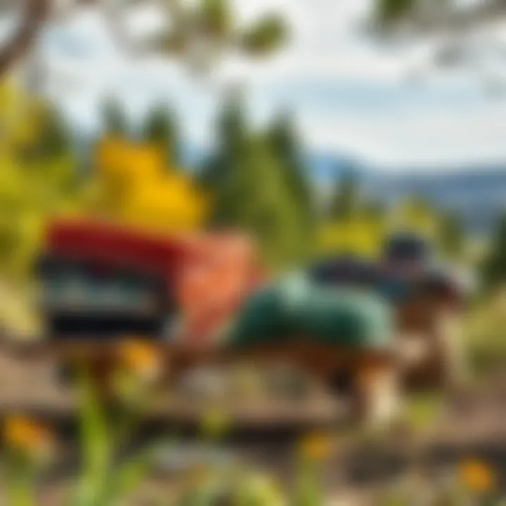 Colorful Camping Blankets in Nature An array of colorful camping themed throw blankets displayed on a picnic table surrounded by nature