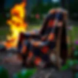 A cozy camping themed throw blanket draped over a rustic wooden chair near a campfire