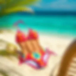 A vibrant tankini set displayed on a sandy beach