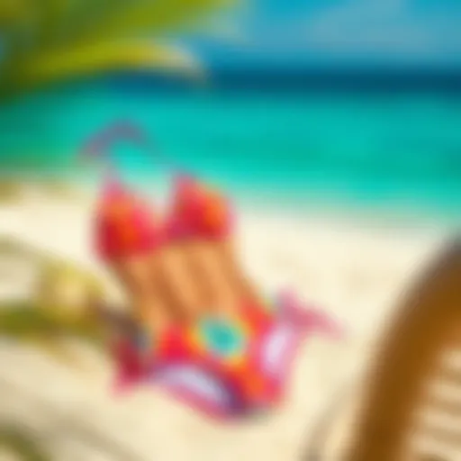 A vibrant tankini set displayed on a sandy beach