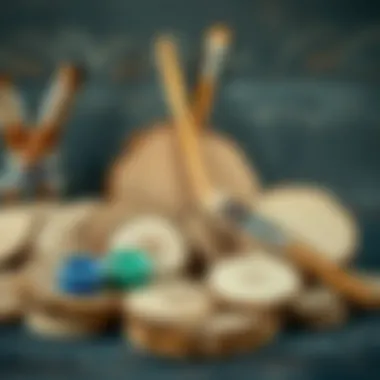 Unfinished wood rounds arranged artfully with paints and brushes