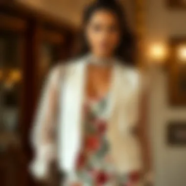 Elegant white sheer jacket layered over a floral dress