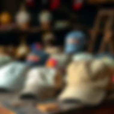 Array of Distressed Caps on Table An array of vintage distressed baseball caps displayed on a rustic wooden table