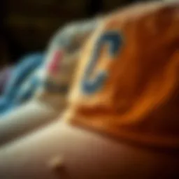 A close-up shot of vintage distressed baseball caps showcasing unique fabric textures