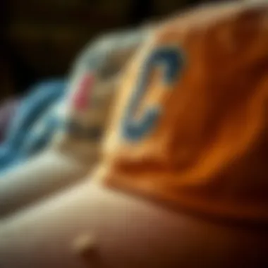 Close-Up of Vintage Distressed Textures A close-up shot of vintage distressed baseball caps showcasing unique fabric textures