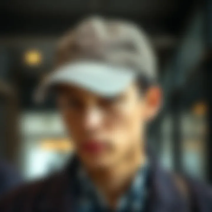 Fashion-Forward Individual with Vintage Cap A fashion-forward individual wearing a vintage distressed baseball cap in a modern setting