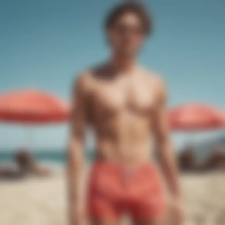 A model wearing watermelon swim trunks at the beach, embodying a lively summer spirit.